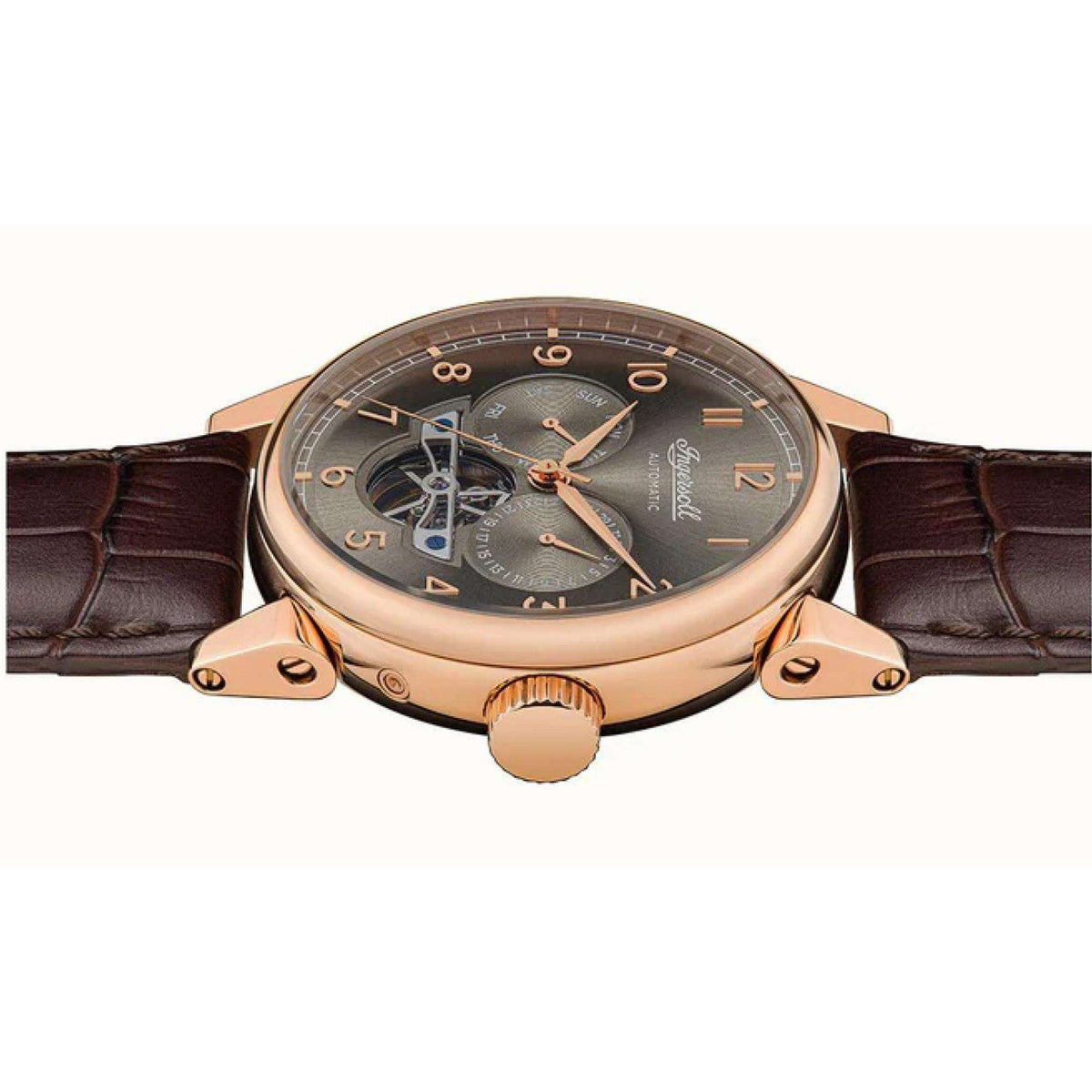 Men's automatic watch angled view with rose-gold case, dark grey dial, and brown leather strap