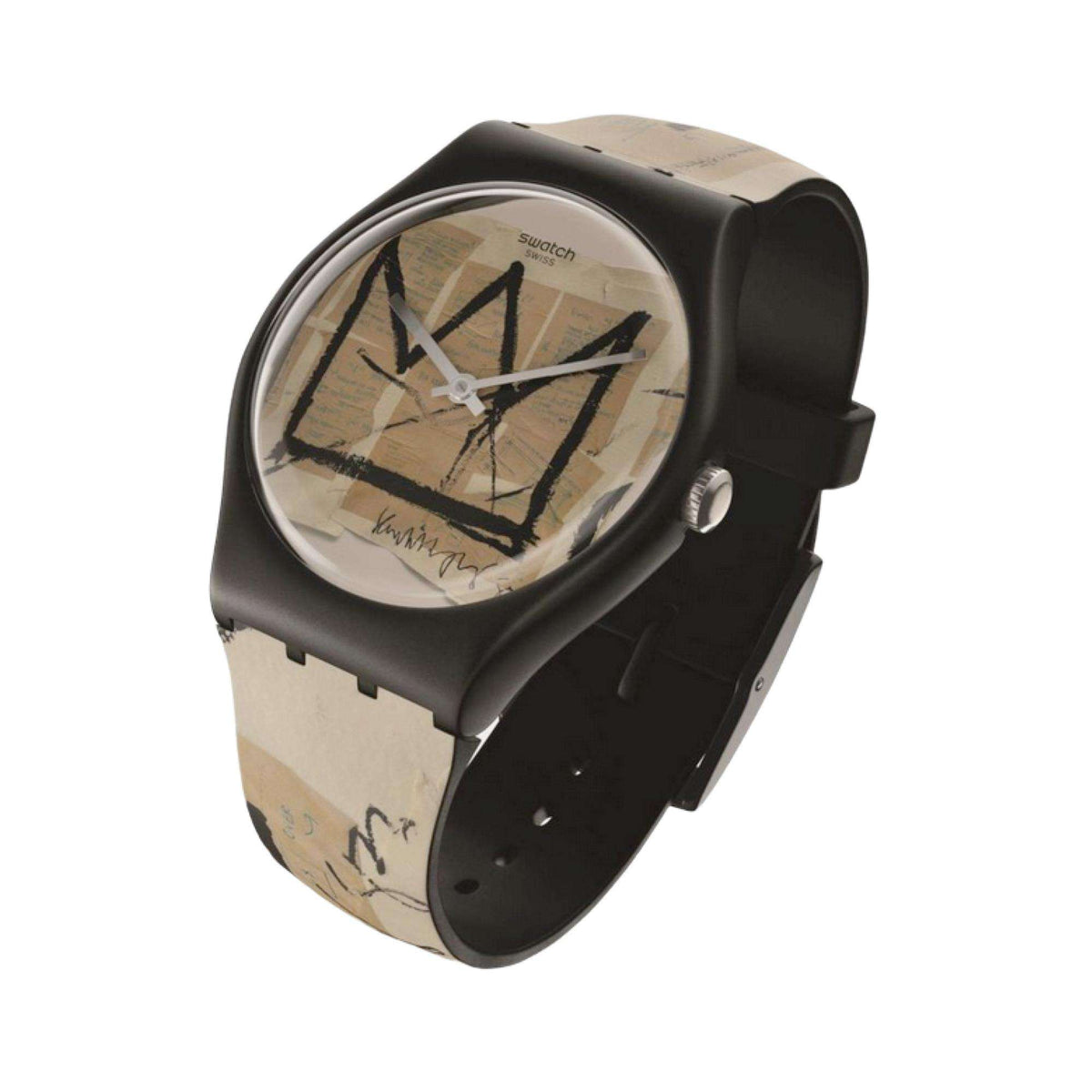 Black quartz wristwatch with artistic dial, tan patterned strap, side view of case.