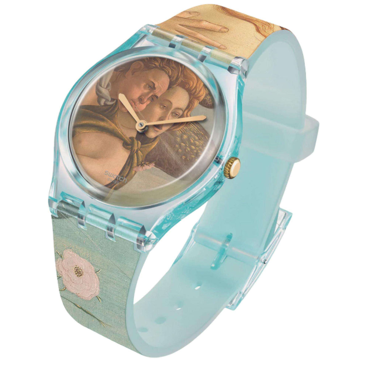 Quartz wristwatch side view, teal case and bezel, painted dial, printed turquoise strap