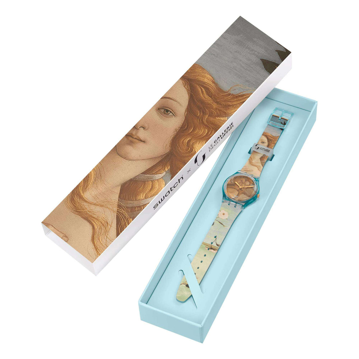 Quartz wristwatch in gift box, teal round dial and turquoise printed strap