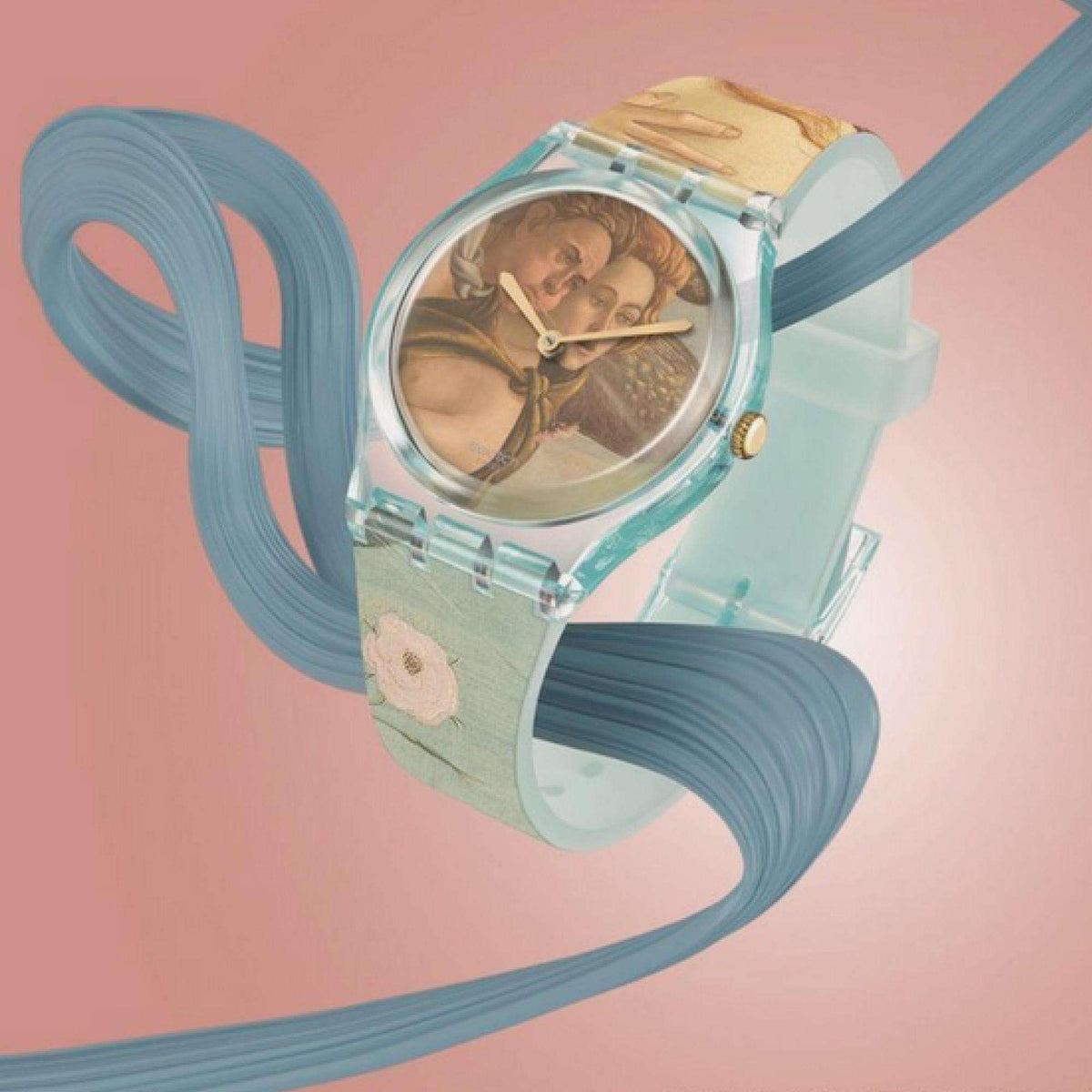 Quartz wristwatch with teal round dial, painted figures face, turquoise printed strap
