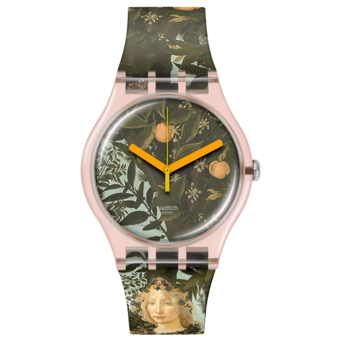 Quartz wristwatch with pink case, dark green dial with botanicals, orange hands