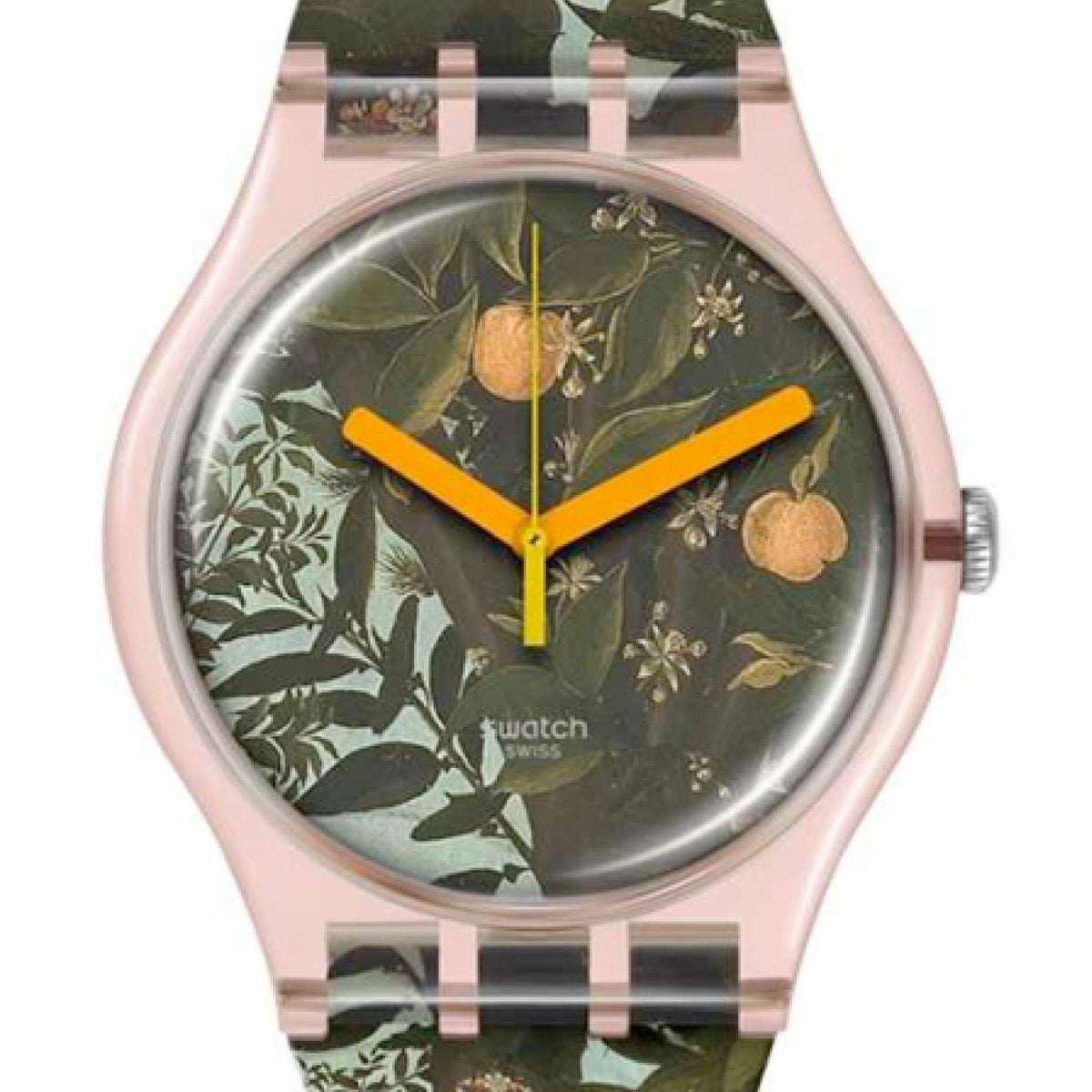 Quartz watch face close-up: dark botanical dial, orange hands, pink bezel