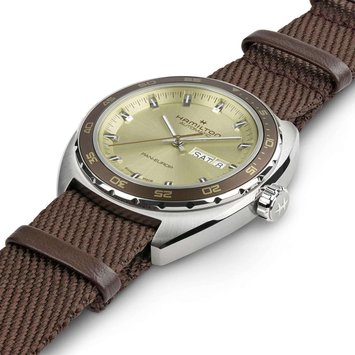 Men's automatic wristwatch with brown leather strap, silver case, light green dial