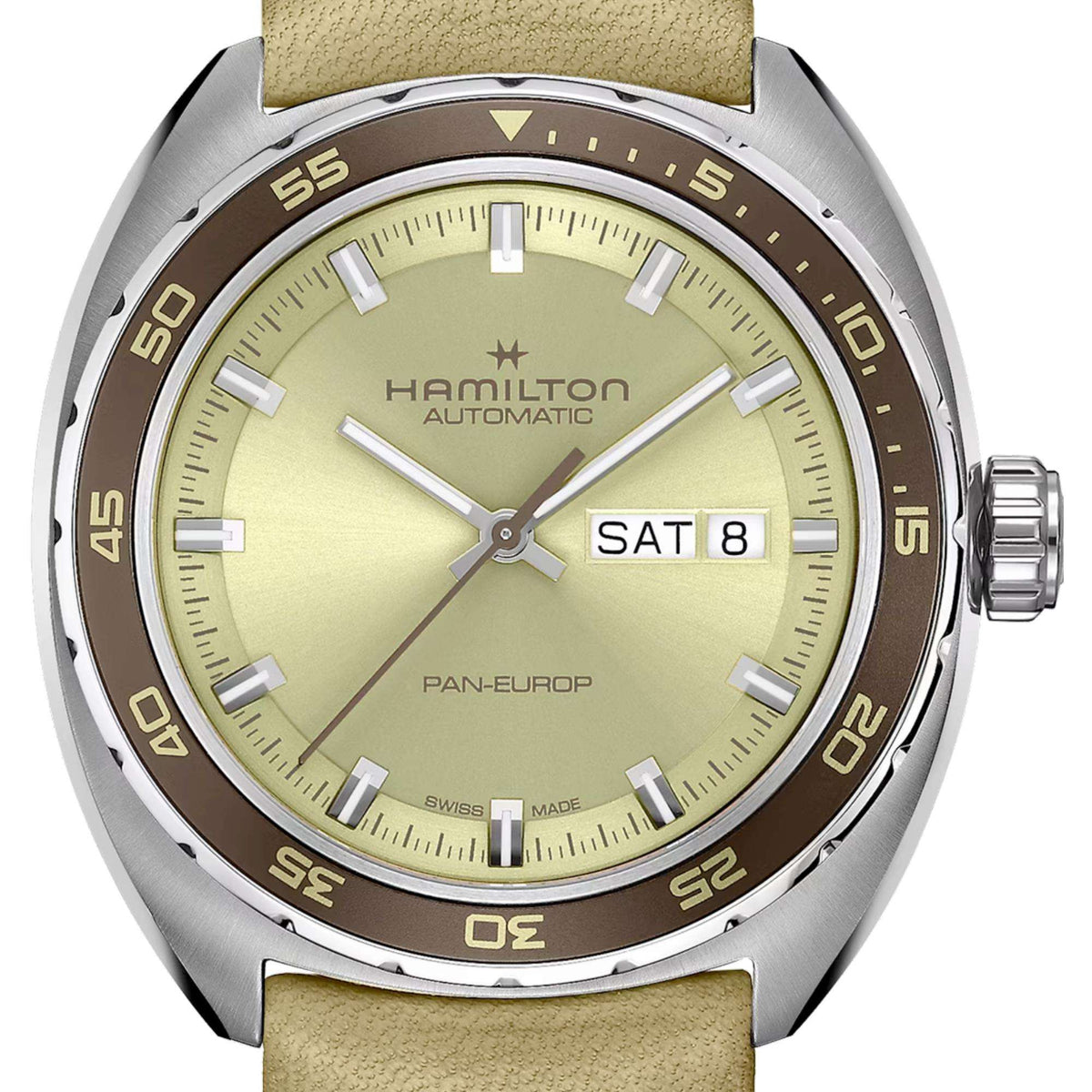 Men's automatic watch with light green dial, silver case, brown bezel, day-date window