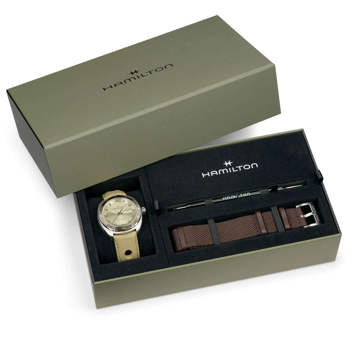 Wristwatch gift box with light green dial watch and brown leather straps, spare included