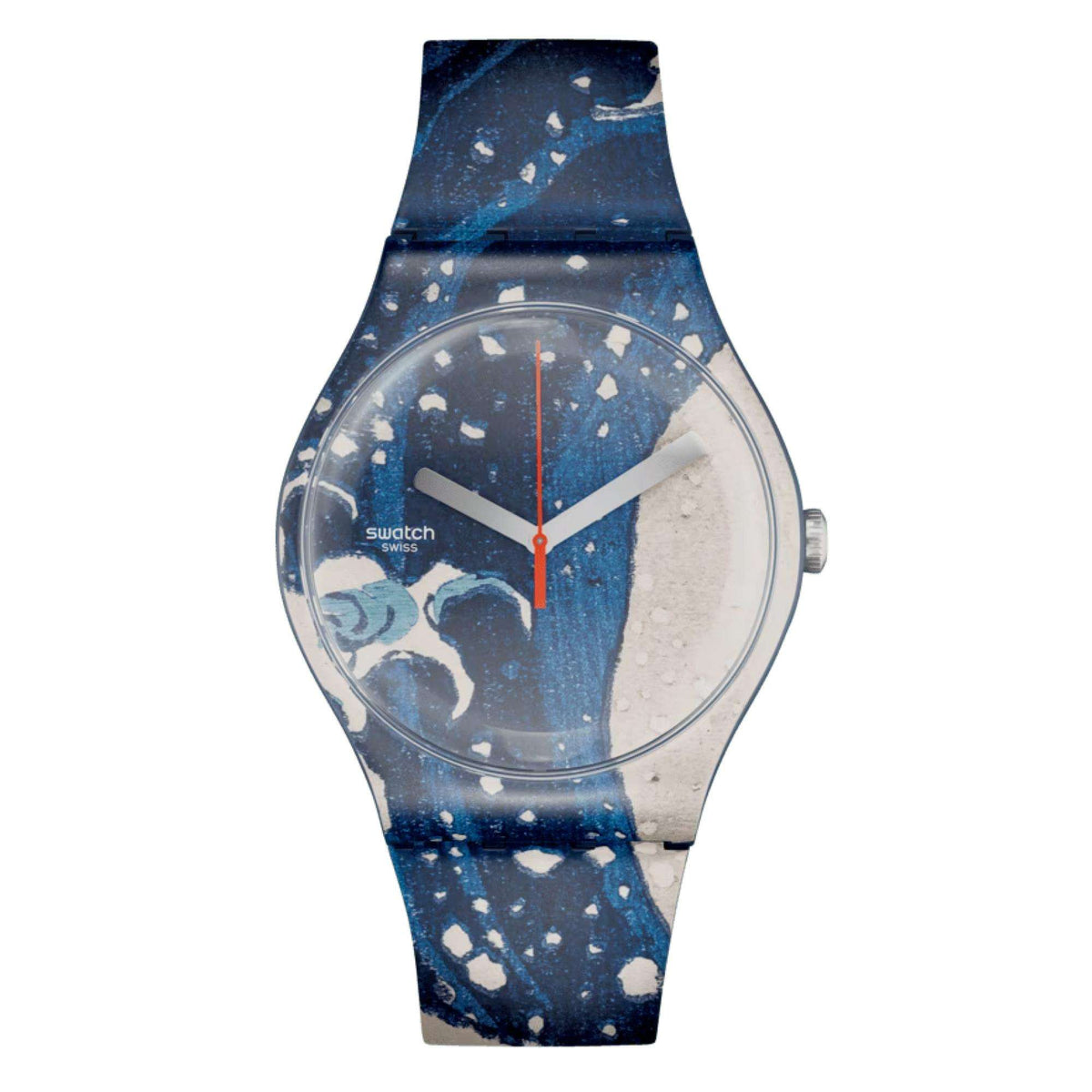 Blue patterned quartz watch with round dial, red second hand, and art print strap