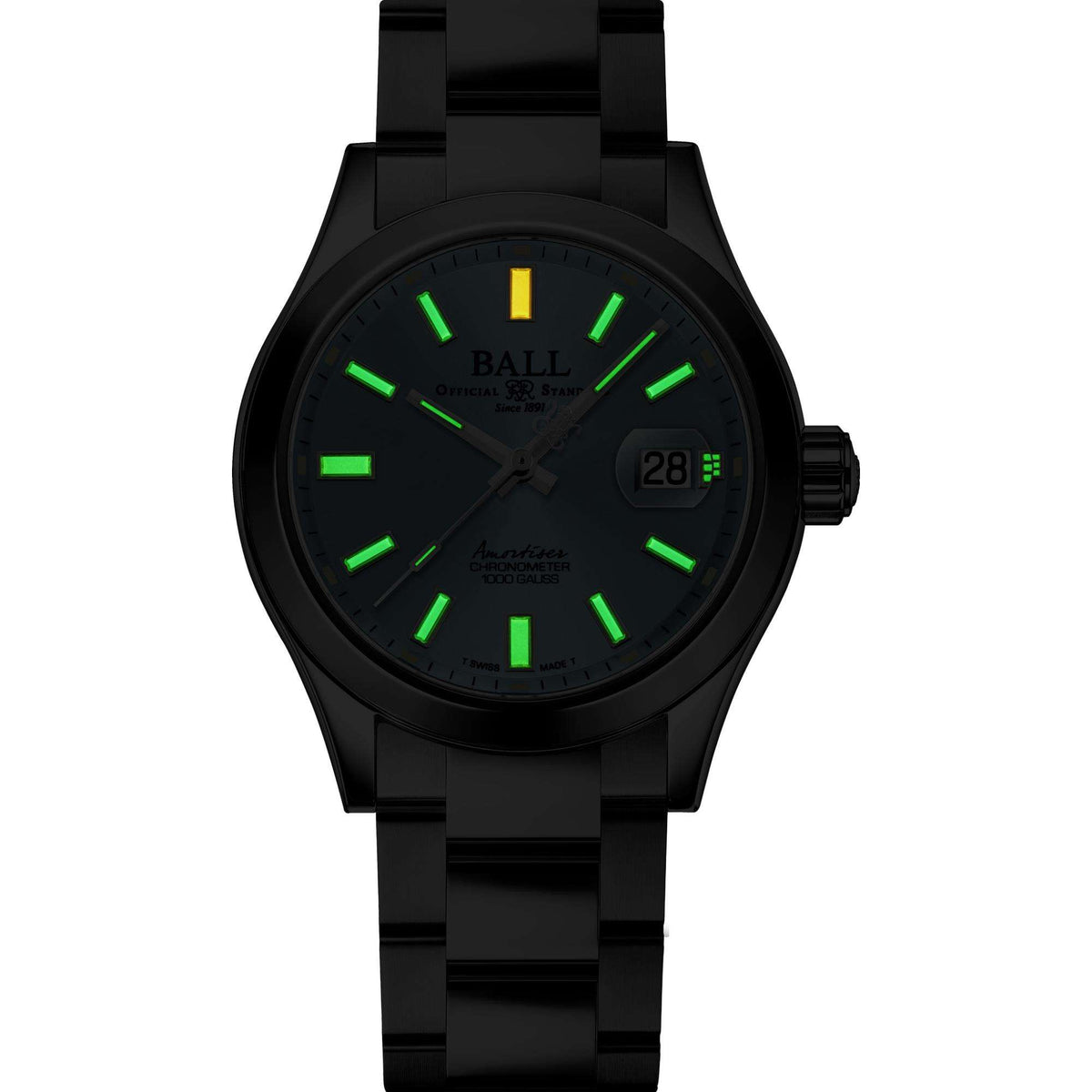 Men's black automatic watch with green dial accents and date window at 3 o'clock