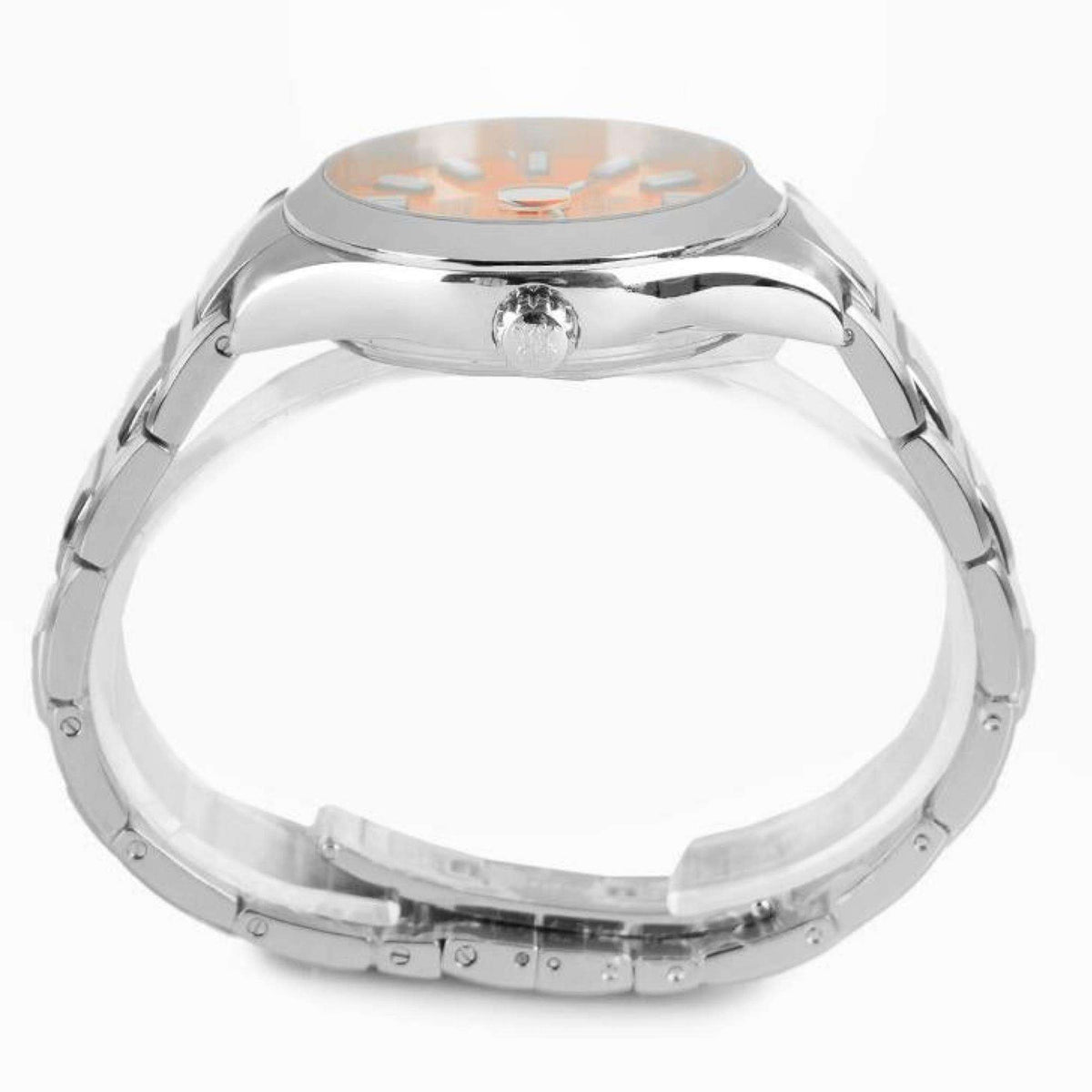 Stainless steel watch case with glass crystal and crown, partial bracelet visible