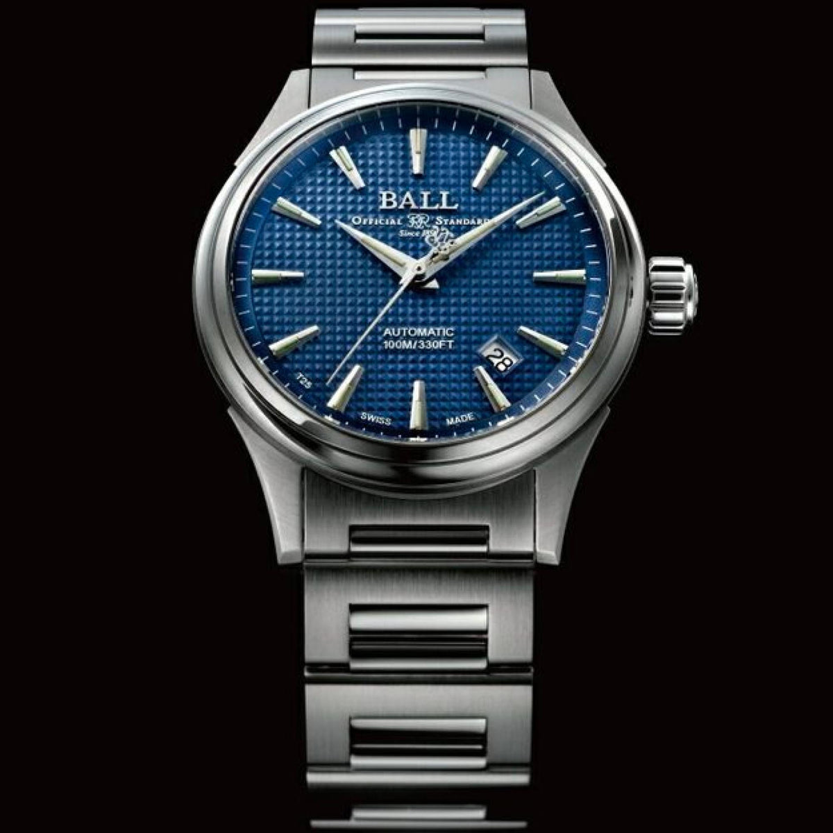 Automatic men's watch, blue dial with date window at 28, silver stainless steel bracelet