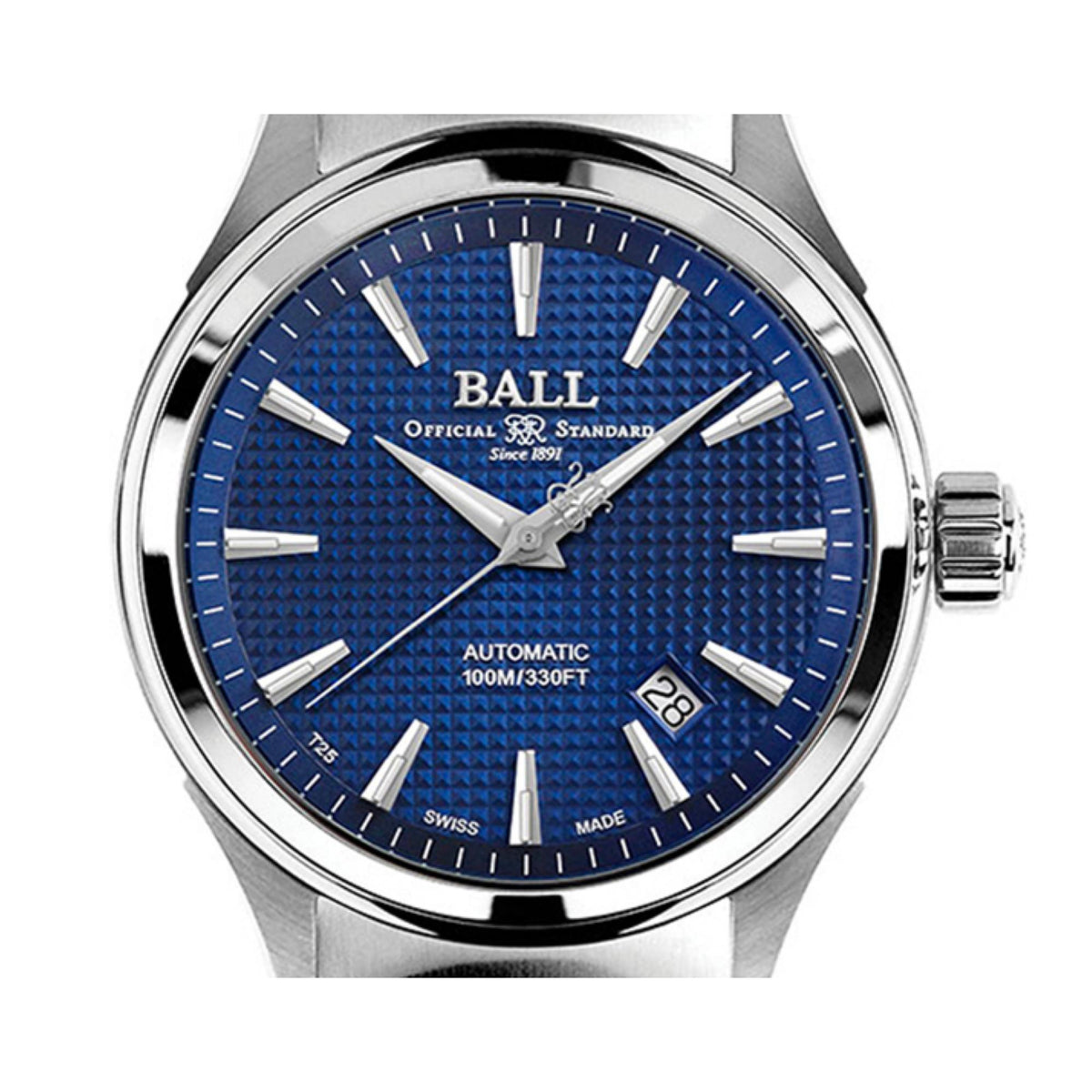 Automatic watch face close-up: blue textured dial with silver hour markers and hands
