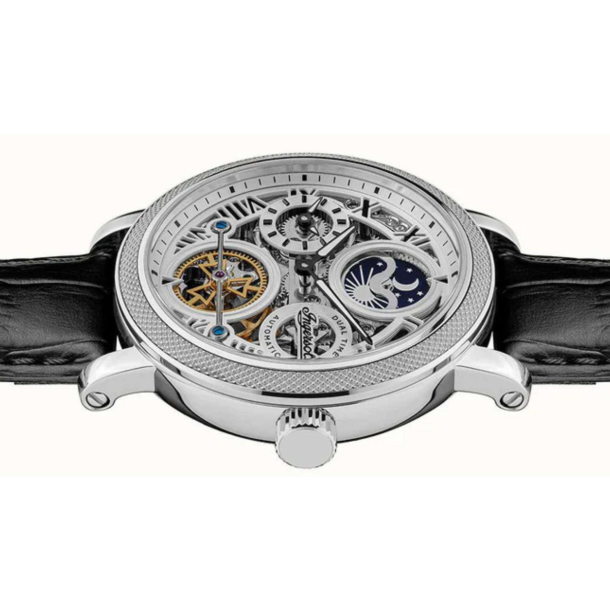 Men's automatic skeleton watch, silver-tone case and black leather strap, angled side view