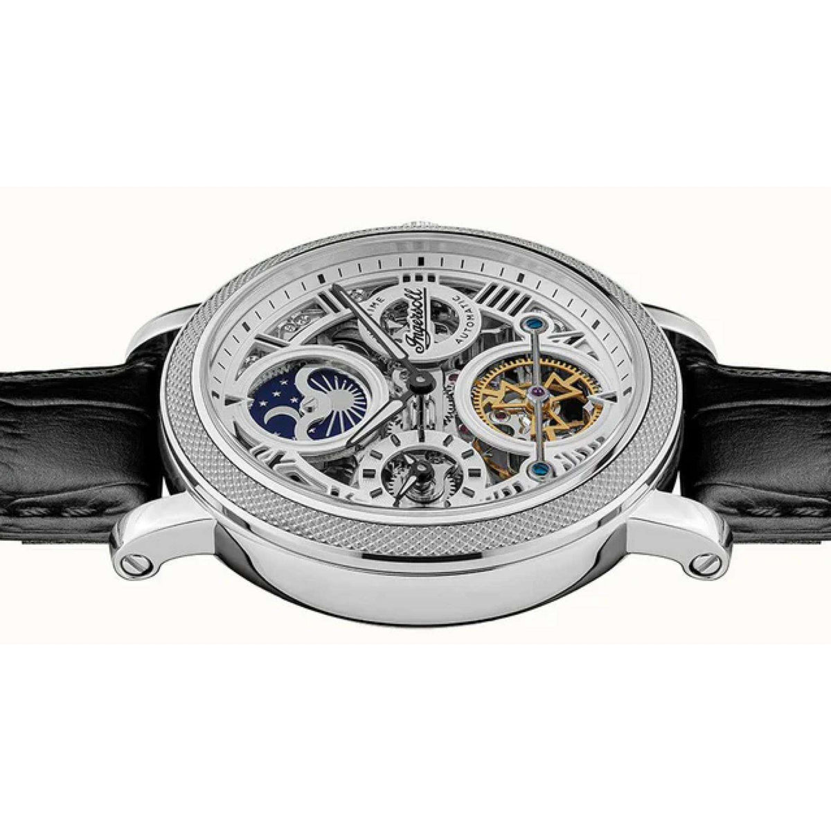 Men's automatic skeleton watch with silver-tone case and black leather strap, close front view