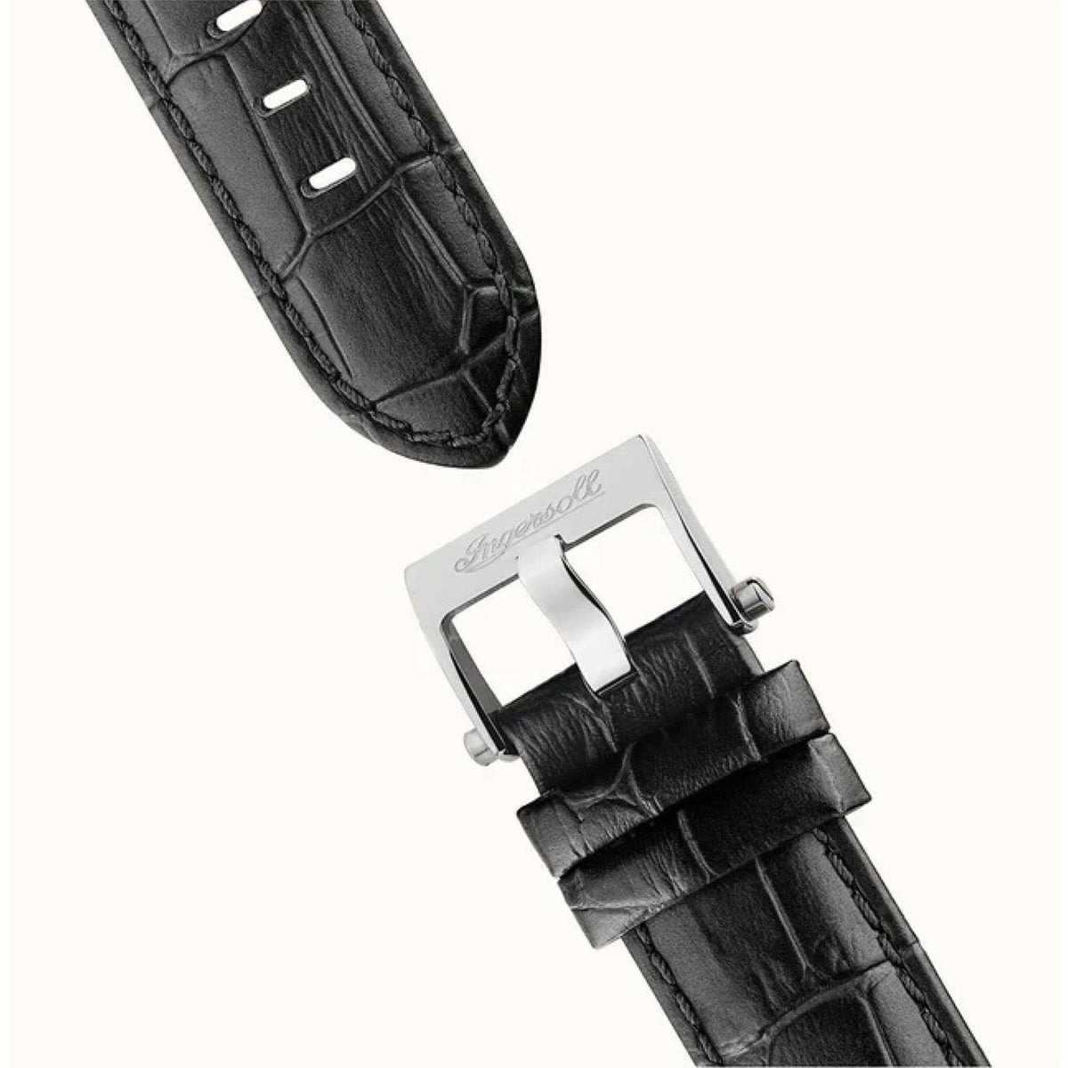 Black leather watch strap with metal buckle and keeper, silver-tone hardware