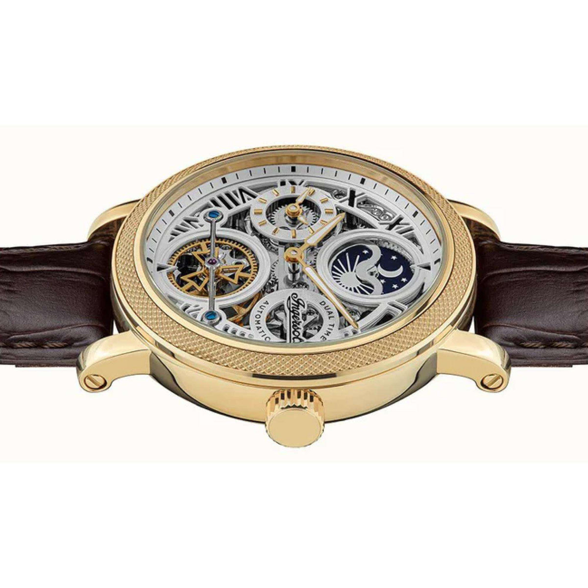 Men's automatic watch side view showing crown and brown leather strap with gold-tone case