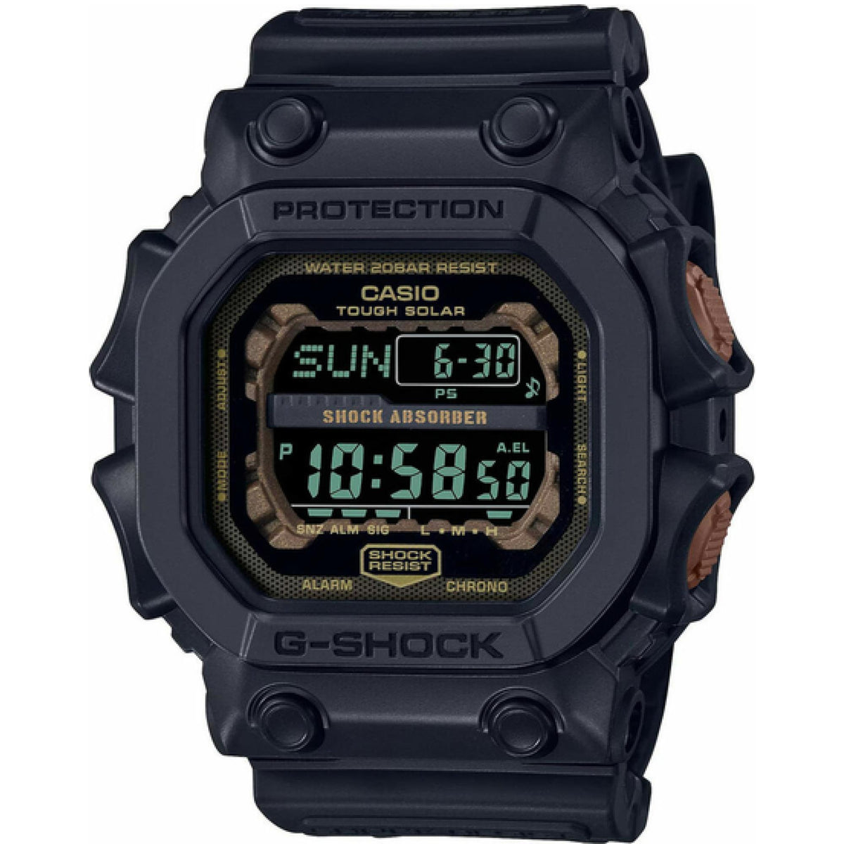 Black digital quartz men’s watch with rugged bezel and plastic shockproof strap