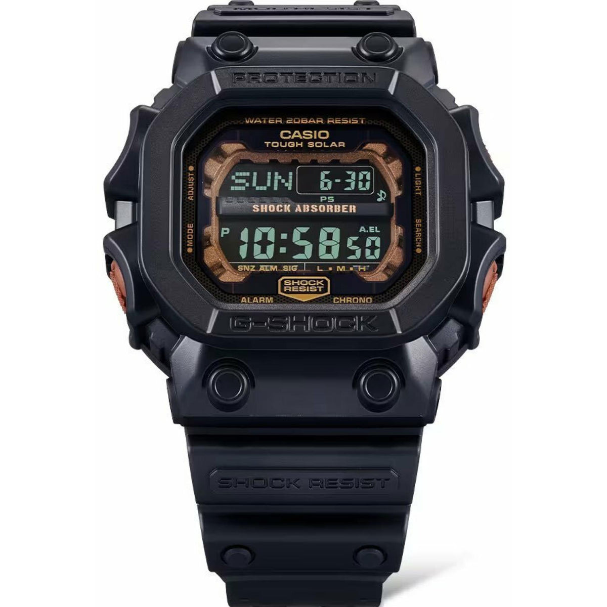 Black front-view digital men’s watch with solar display on plastic shock-resistant strap
