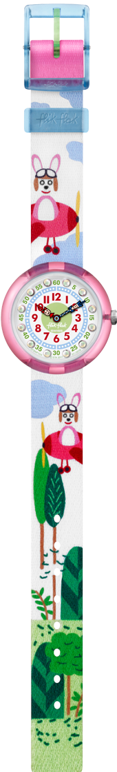 Kids' pink round watch with rabbit-themed fabric strap in colorful panel