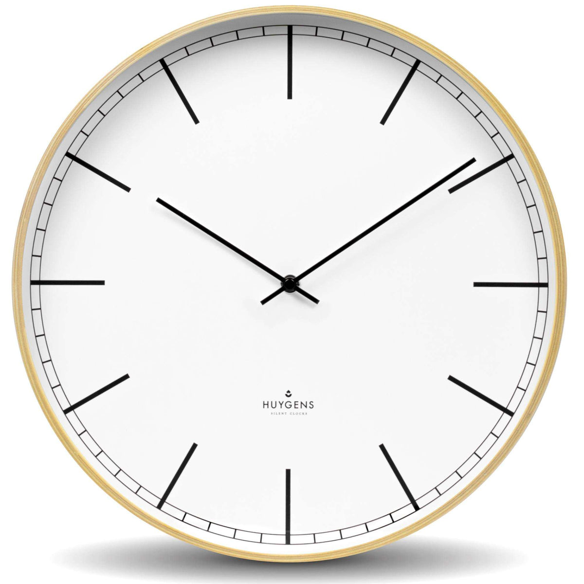 Wood Arabic wall clock with gold rim, white face, black hands, 35cm