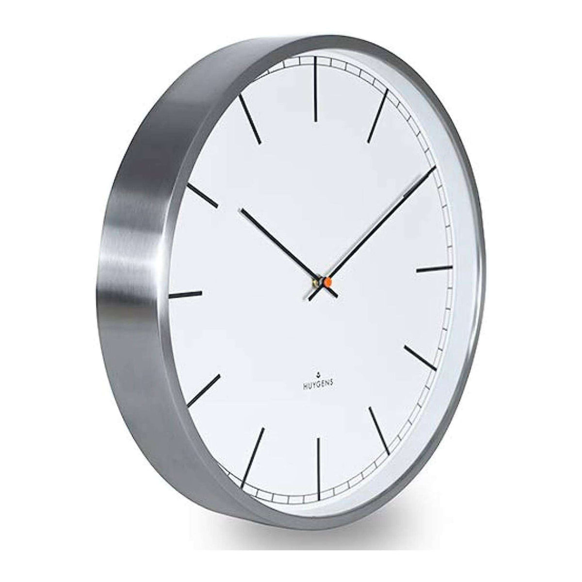 Wall clock with brushed silver-gray frame, white dial, black hands and markers, red second dot