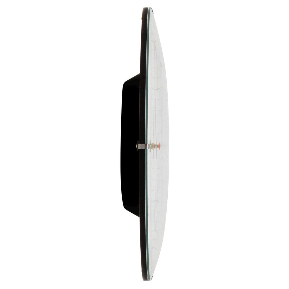Wall clock side view with slim black case and clear glass dome