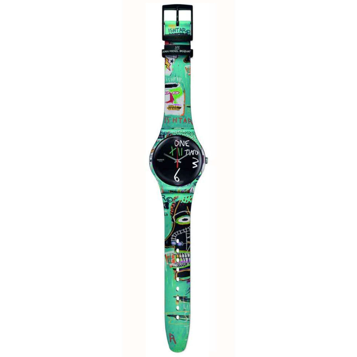 Teal graphic quartz wristwatch with round black dial and multicolor matching strap