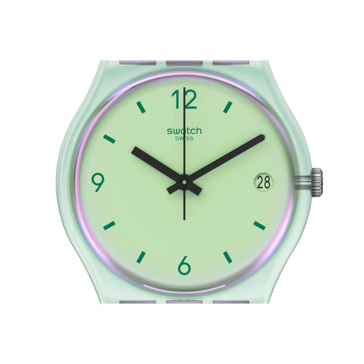 Quartz wristwatch close-up: mint green dial with black hands, purple strap