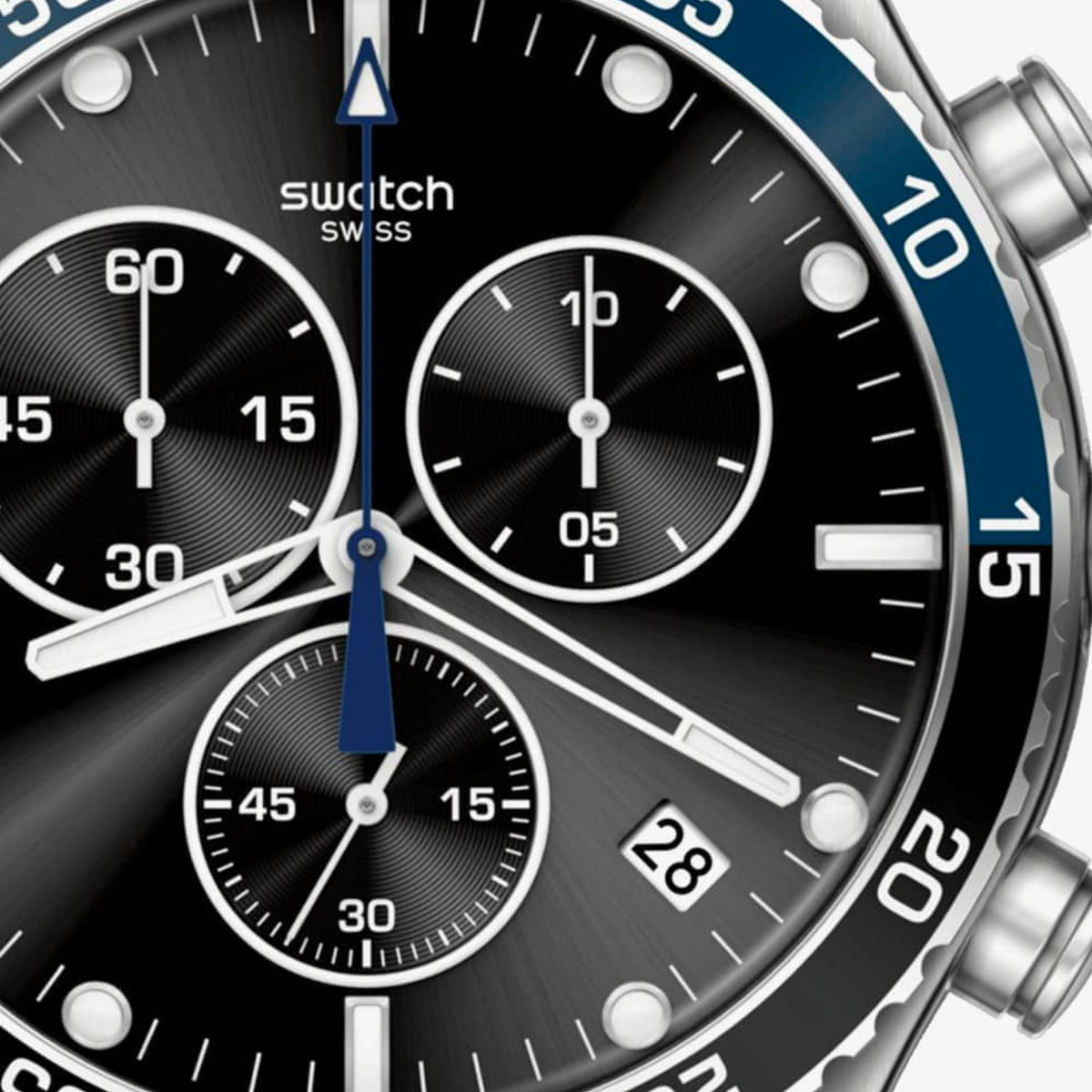 Quartz chronograph watch close-up: black dial with three subdials and blue-ring bezel