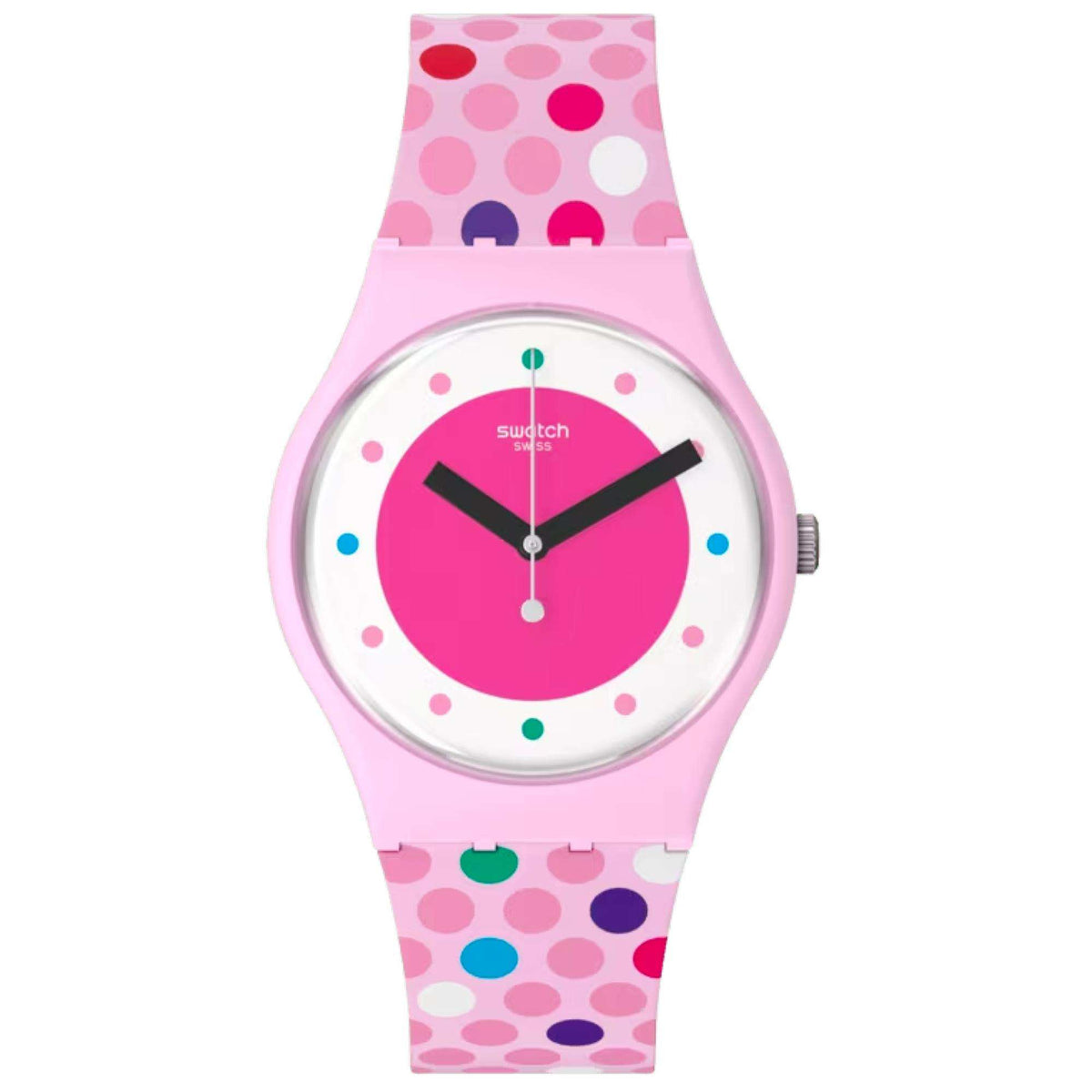 Pink Swatch ladies quartz watch with bubble-dial pattern and silver round case