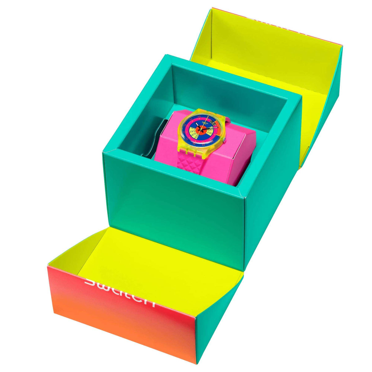 Swatch neon ladies watch in colorful gift box, pink strap and rainbow dial