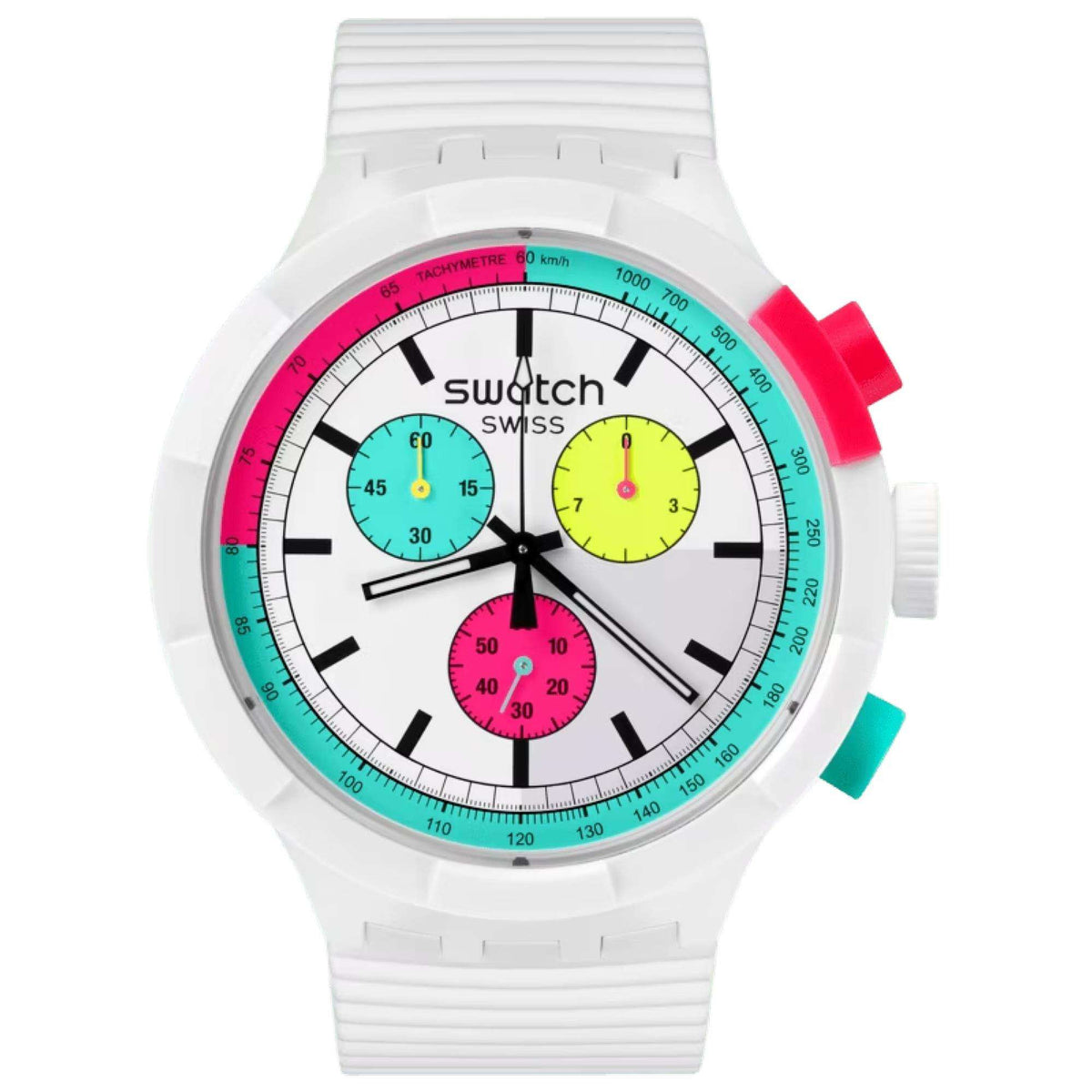 Ladies quartz watch with white silicone strap and multicolor dial with three subdials