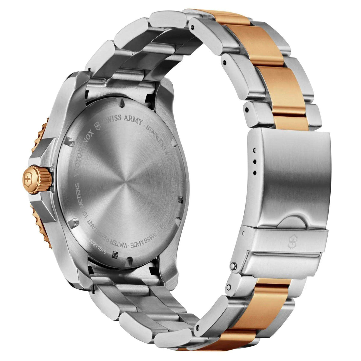Men's stainless steel quartz watch case back with metal bracelet and gold-tone accents