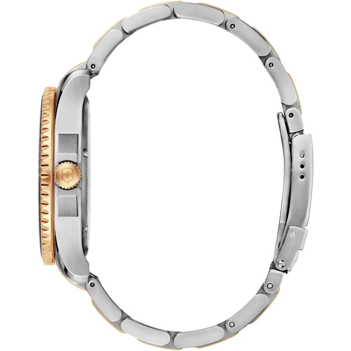 Men's stainless steel watch profile with gold-accented bezel and side crown