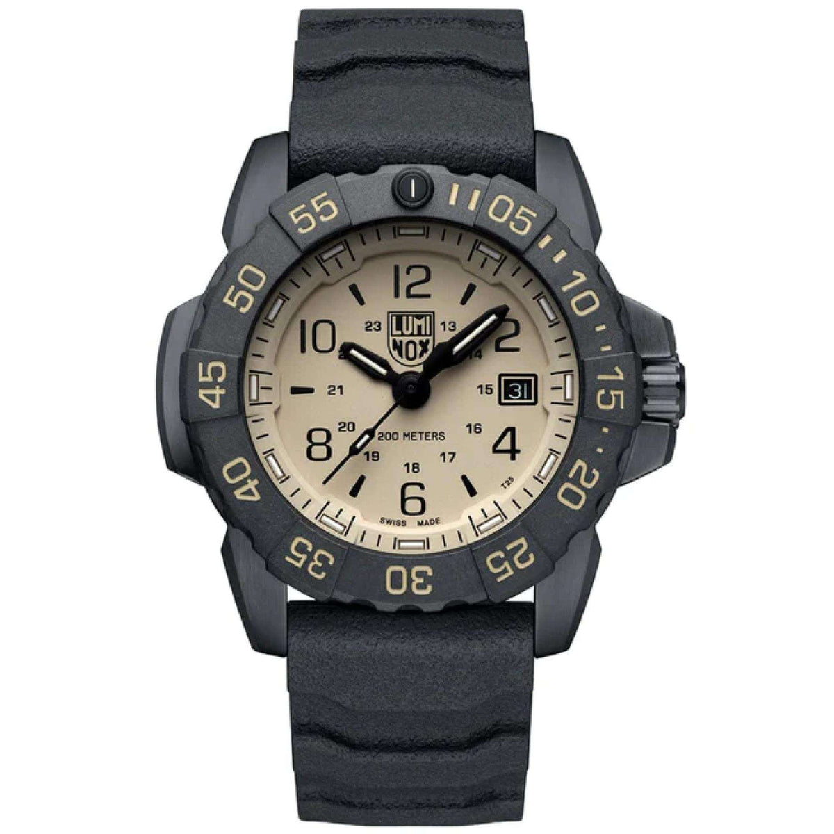 Men's dive watch with black silicone strap, beige dial, and luminous bezel numerals.