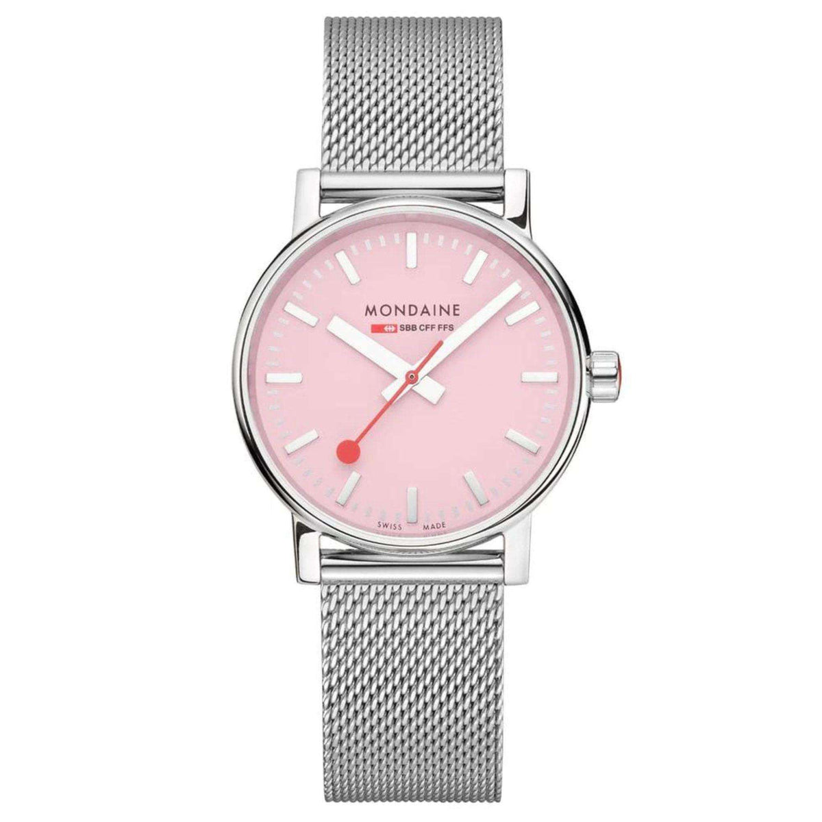 Mondaine Evo2 ladies quartz watch with pink dial and silver mesh steel bracelet