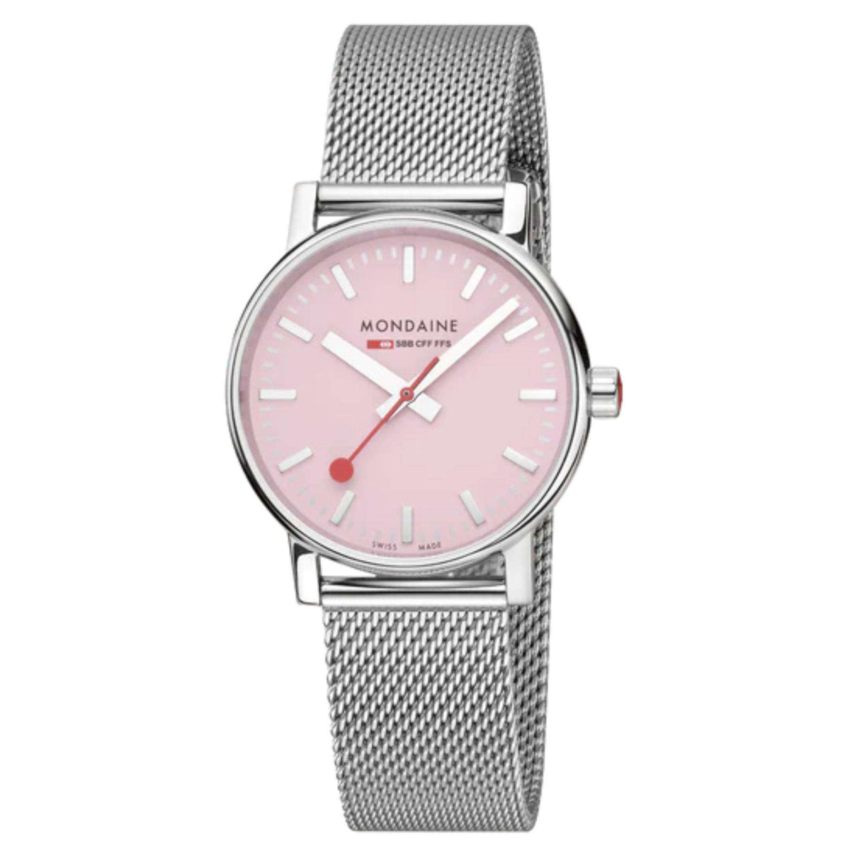 Mondaine Evo2 35mm watch with pink dial and silver mesh steel strap, round steel case