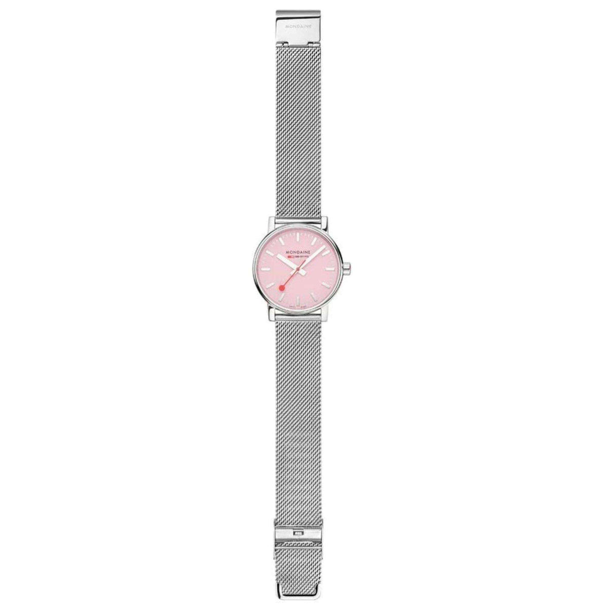 Mondaine Evo2 watch with pink dial and silver mesh steel strap, vertical side view