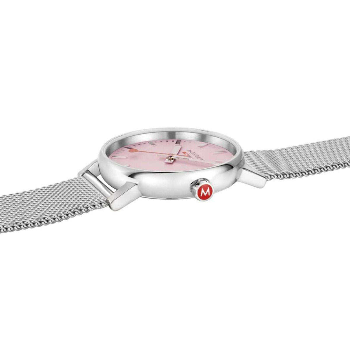 Silver watch case with pink dial and silver mesh steel bracelet, crown on right