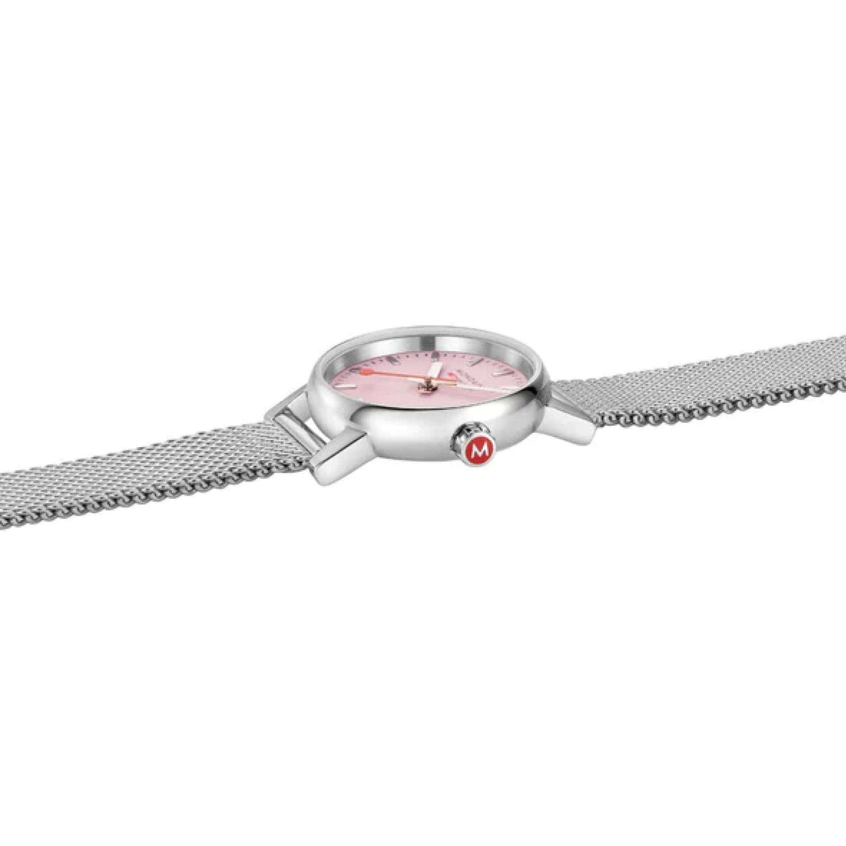 Women's steel mesh watch with pink dial, crown and case side detail visible
