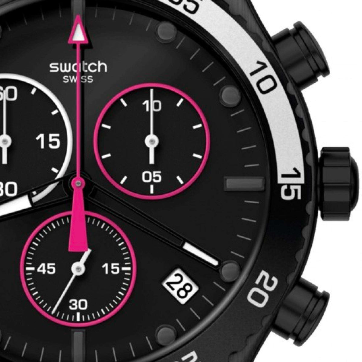 Men's black chronograph watch with magenta rings, subdials, and black bezel