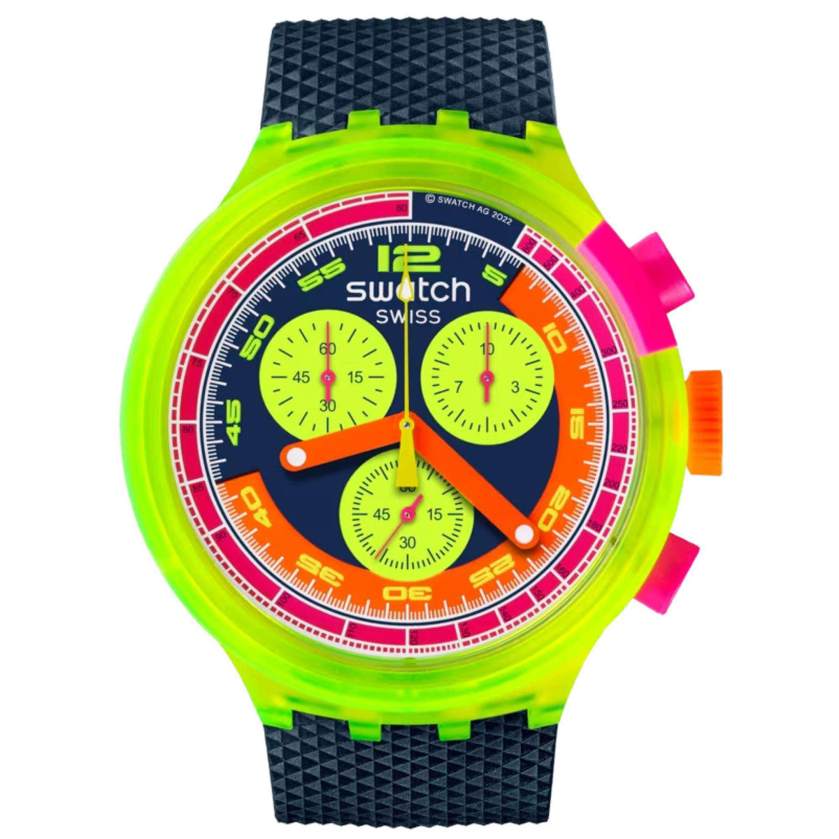 Neon Swatch wristwatch with black textured strap, bright green case, multicolor dial.