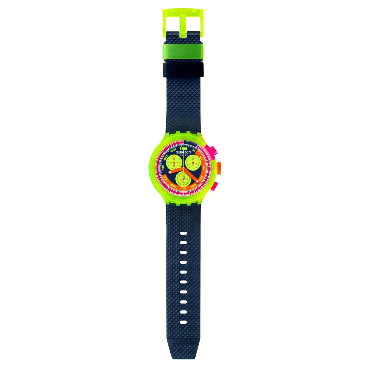 Neon Swatch wristwatch upright on dark blue strap, neon green bezel, multicolor dial.