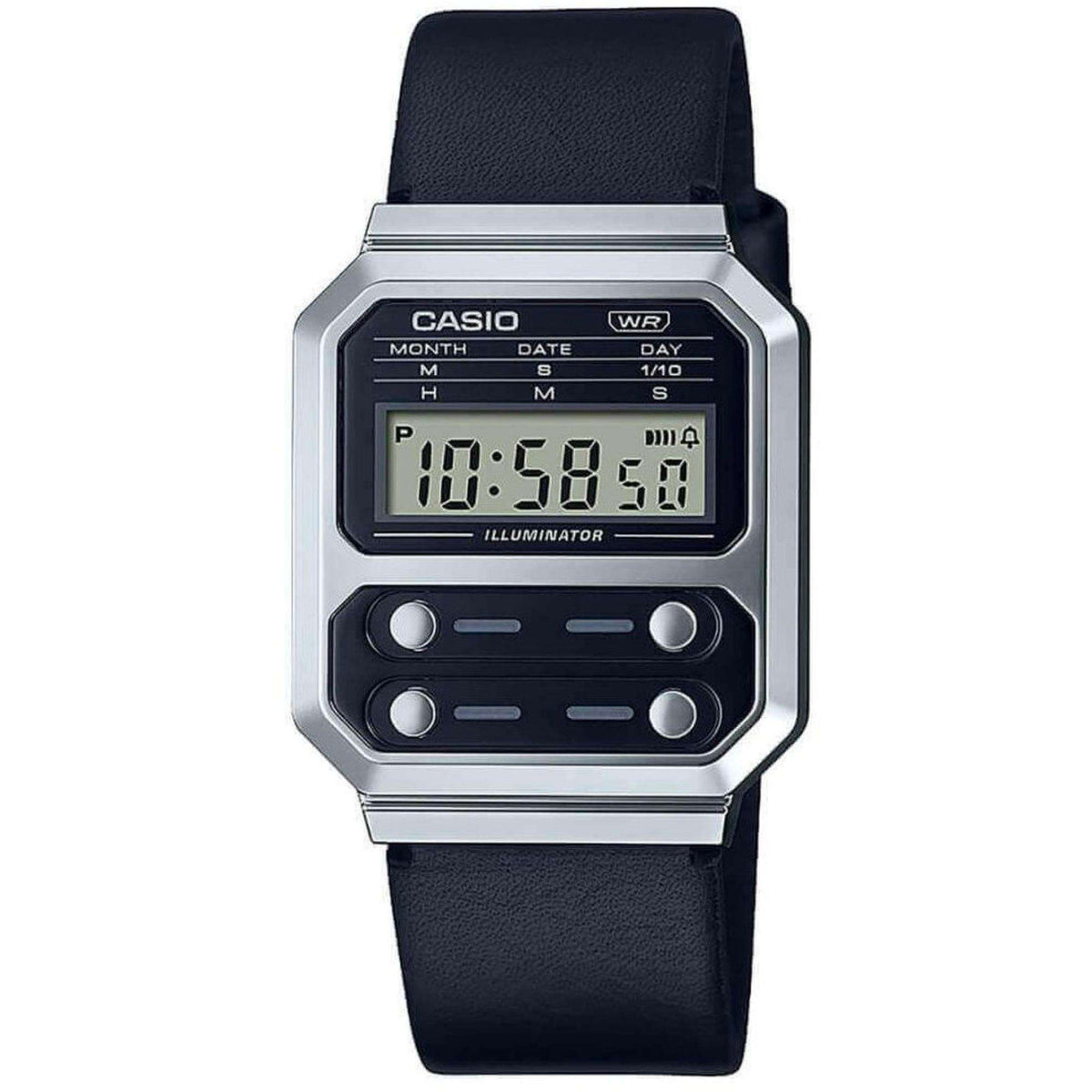 Casio vintage digital watch with black leather strap and rectangular LCD display