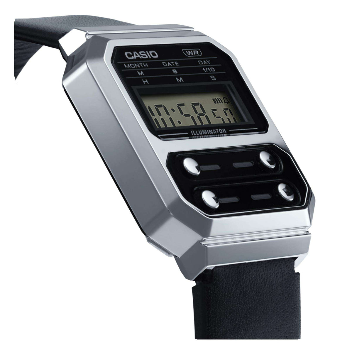 Casio vintage digital watch side view, black leather strap and LCD with buttons