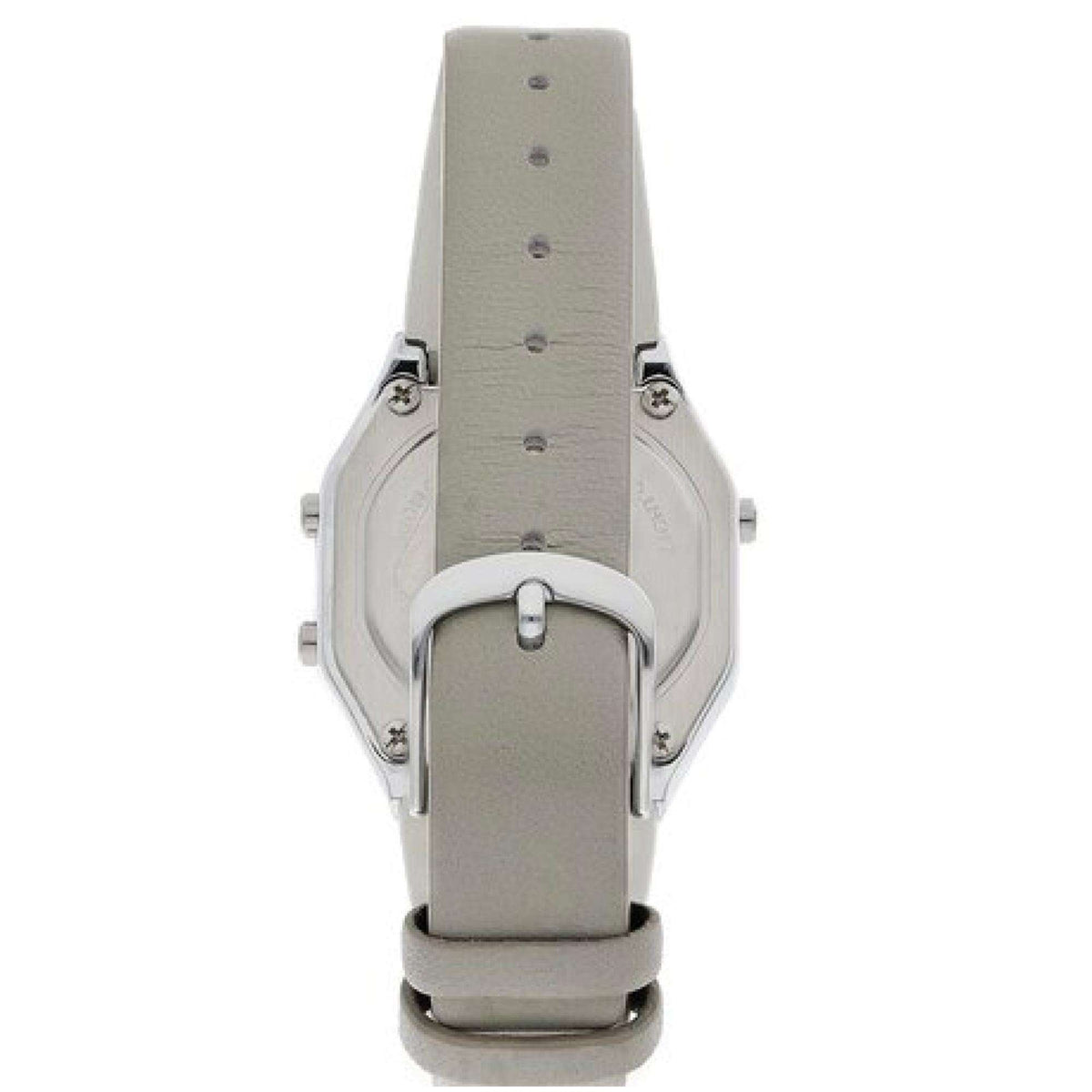 Casio digital ladies watch back view with grey leather strap and metal buckle hardware