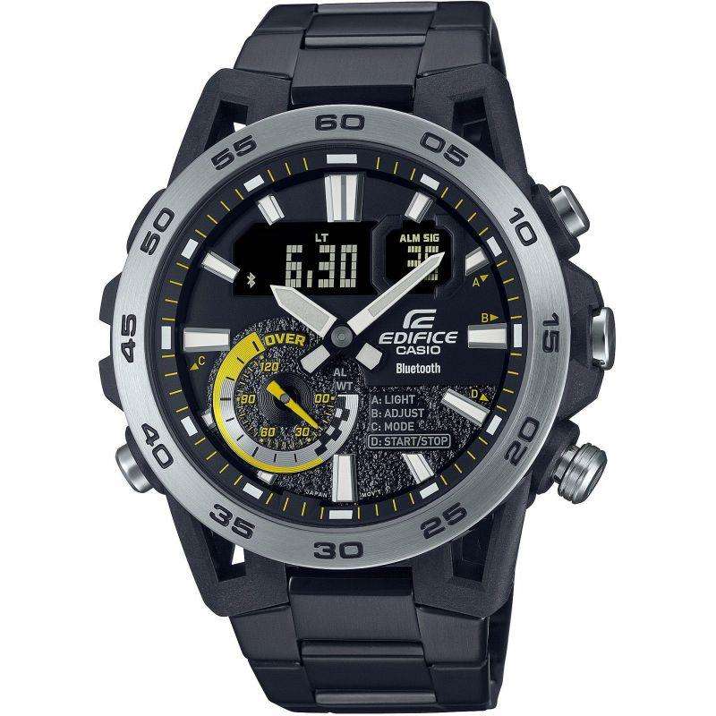Mens black resin Casio Edifice watch with round dial, yellow accents, and black link bracelet