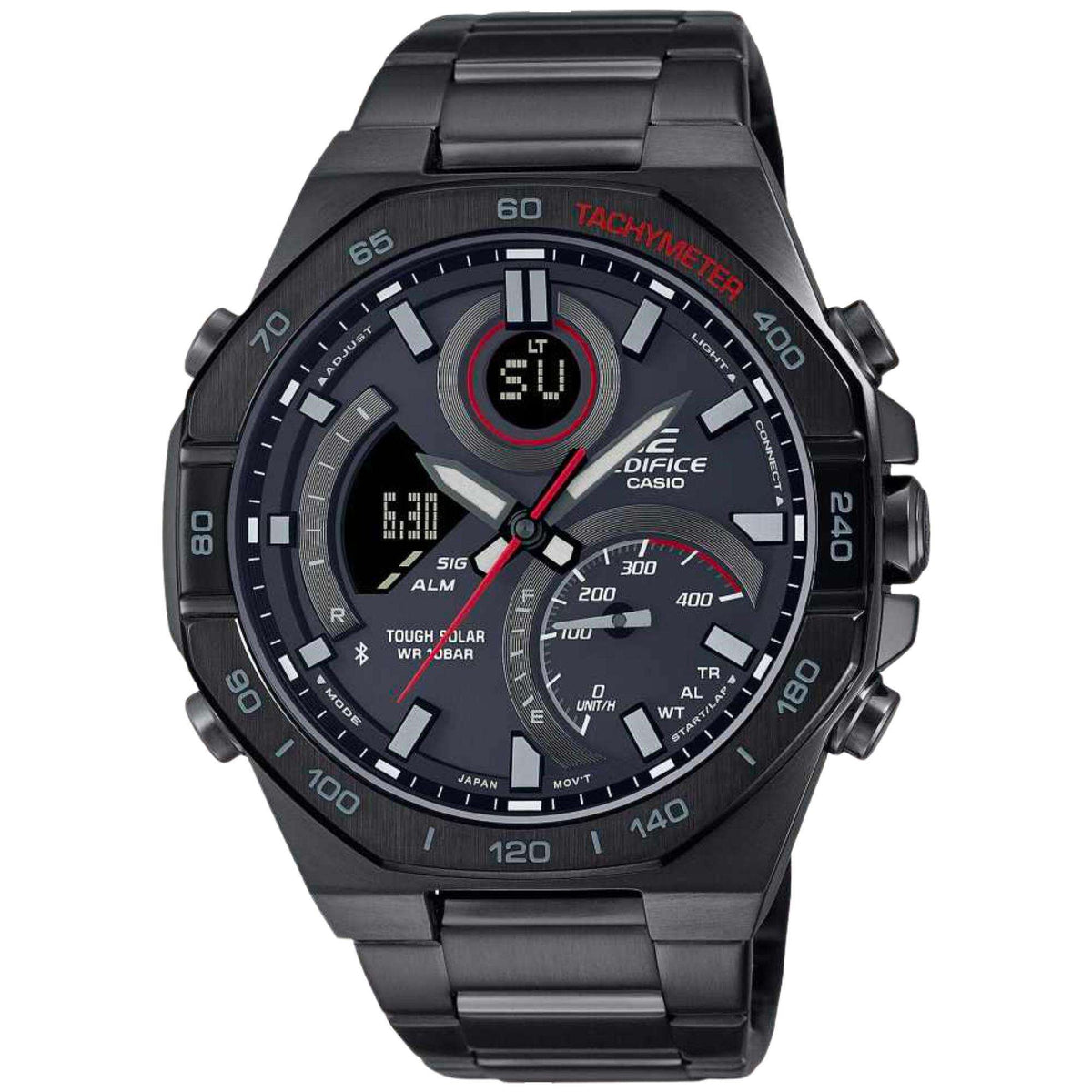 Black resin bracelet Bluetooth men's watch, front view with tachymeter bezel