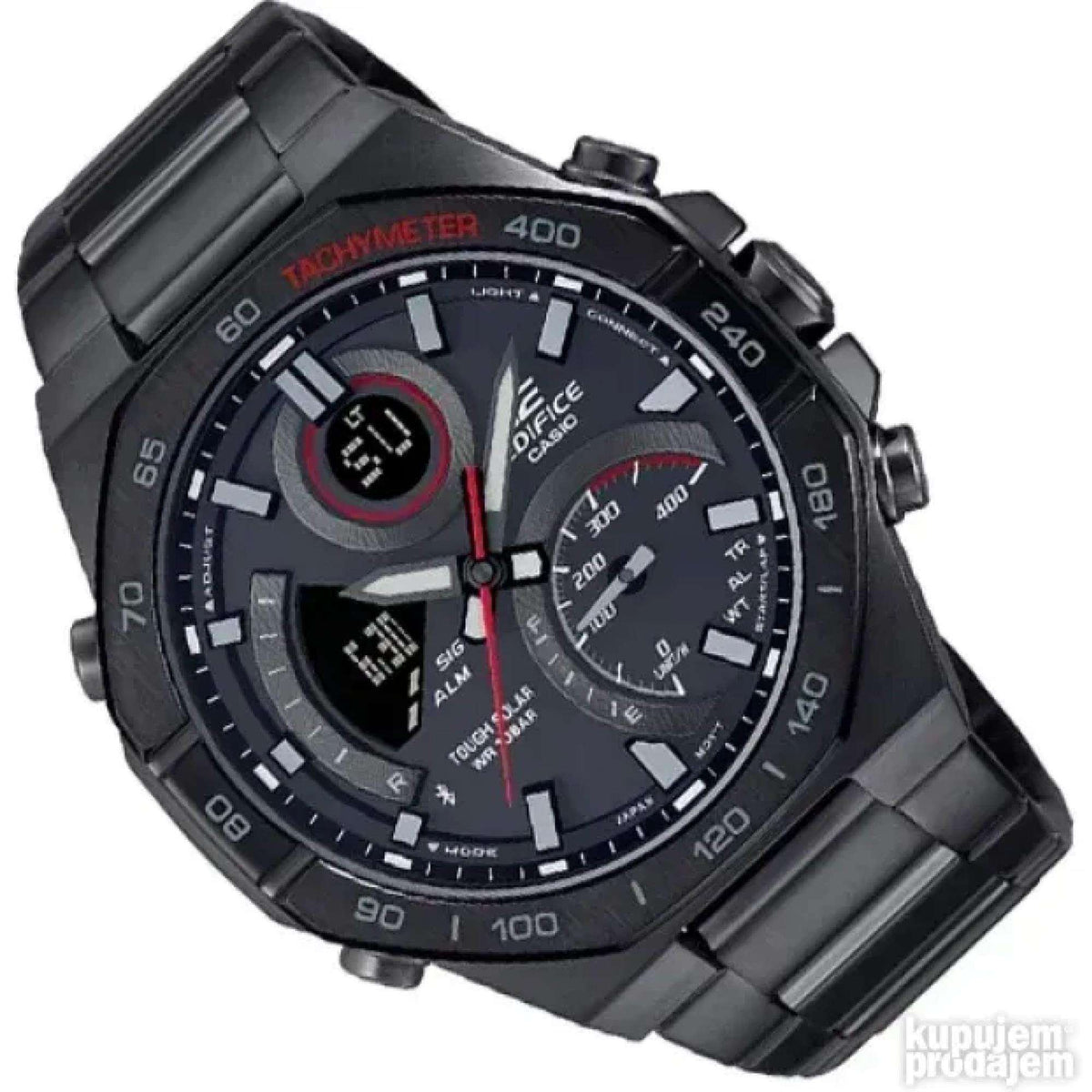 Black resin bracelet men's watch angled view, side buttons and tachymeter ring