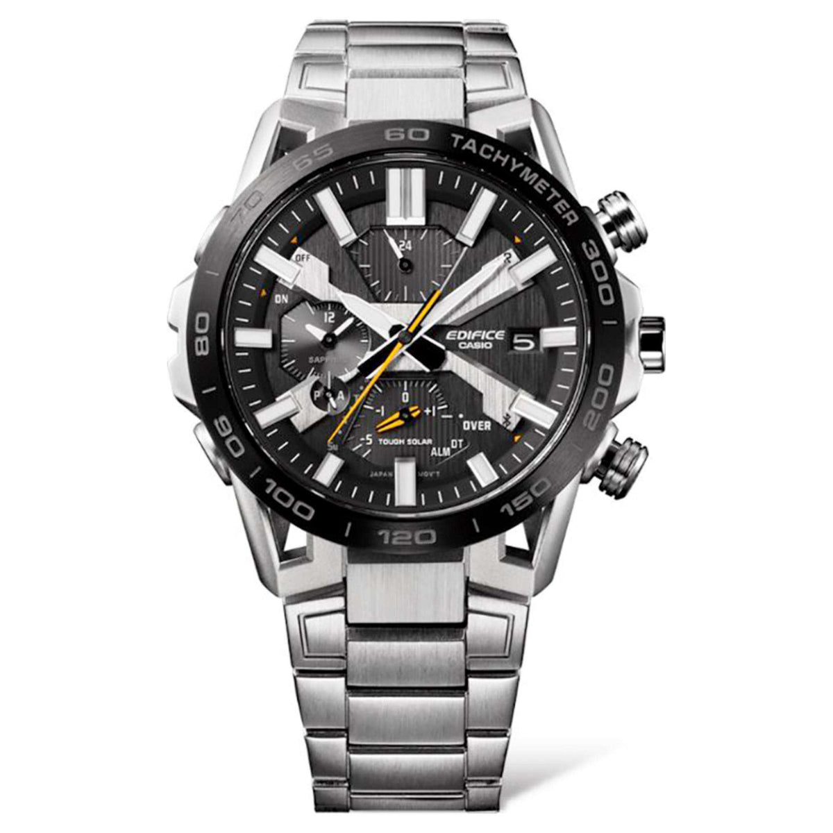 Men's steel chronograph watch with black dial, tachymeter bezel, chronograph subdials