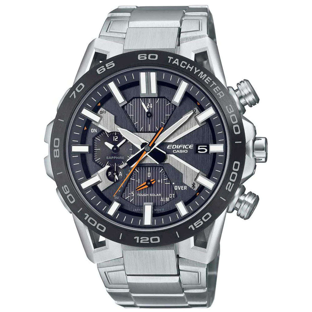 Men's steel chronograph watch with dark blue dial, tachymeter bezel, orange accents